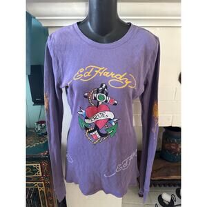 VINTAGE Y2K ED HARDY LAVENDER PURPLE FITTED THERMAL TUNIC/MINIDRESS/TEE M